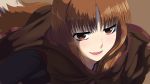  1girl brown_hair eyelashes face fang holo ishikkoro red_eyes smirk solo spice_and_wolf tail 