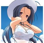  1girl ahoge armpits blue_hair blush breasts dress hat idolmaster large_breasts light_smile long_hair looking_at_viewer miura_azusa outdoors outside_border red_eyes sky solo standing takayaki wet wet_clothes 