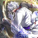  00s 1boy 2007 bandage battle blood boots dated epic gintama japanese_clothes male_focus manly off_shoulder ranji red_eyes robe sakata_gintoki short_hair silver_hair solo sword weapon white_hair 