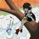  2girls black_hair black_wings blue_eyes blue_hair eating female food from_above geta hair_bobbles hair_ornament hat in_tree ishikkoro kawashiro_nitori multiple_girls onigiri rock shameimaru_aya short_hair sitting sitting_in_tree stream tengu-geta tokin_hat touhou translated tree twintails wings 