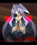  1girl animal_ears blazer bullet electricity eyepatch female liminarity long_hair metal_gear_(series) metal_gear_solid metal_gear_solid_3 necktie parody pleated_skirt purple_hair rabbit_ears red_eyes reisen_udongein_inaba skirt solo touhou volgin yevgeny_borisovitch_volgin 