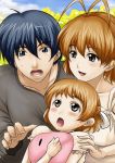  1boy 2girls antenna_hair black_eyes blue_hair brown_eyes brown_hair child cholesenel clannad dango_daikazoku family furukawa_nagisa hug husband_and_wife multiple_girls okazaki_tomoya okazaki_ushio short_hair 