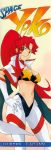  1girl absurdres bandeau breasts cape cleavage duplicate gloves highres large_breasts long_hair long_image midriff official_art ponytail redhead scan space_yoko stick_poster strapless sushio tall_image tengen_toppa_gurren_lagann tubetop yellow_eyes yoko_littner 