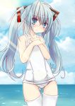  1girl aqua_hair bad_id beach blue_eyes blush hatsune_miku mikan_no_shiru one-piece_swimsuit school_swimsuit sky solo swimsuit thigh-highs twintails vocaloid white_school_swimsuit white_swimsuit 