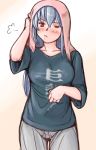  00s 1girl :t blush breasts casual clothes_writing large_breasts long_hair object_on_head older one_eye_closed rozen_maiden scratching shirt sigh silver_hair solo suigintou t-shirt towel towel_on_head tsuda_nanafushi wink 