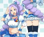  1girl aono_miki ass bad_id blue_eyes blue_hair blue_skirt boots cure_berry drill_hair fresh_precure! hair_ornament heart heart_hair_ornament knee_boots long_hair magical_girl midriff navel precure skirt solo tamagoroo_(funifuni_labo) thigh-highs 