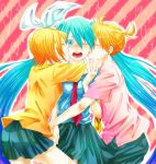  1boy 2girls aqua_eyes aqua_hair bad_id blonde_hair blush cheek_kiss closed_eyes hair_ribbon hatsune_miku hug imai_(wana) kagamine_len kagamine_rin kiss long_hair multiple_girls necktie one_eye_closed ribbon short_hair skirt surprised sweat twintails vocaloid wink 