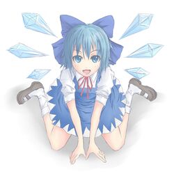  afro_(artist) bad_id blue_eyes blue_hair bow cirno hair_bow mary_janes shoes short_hair the_embodiment_of_scarlet_devil touhou 