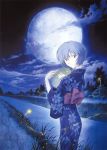  1girl absurdres artbook ayanami_rei blue blue_hair clouds fan fireflies firefly highres honda_takeshi japanese_clothes kimono lights looking_back moon neon_genesis_evangelion night official_art red_eyes redhead river sadamoto_yoshiyuki scan short_hair sky smile solo yukata 