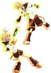  1boy 1girl bad_id blonde_hair blue_eyes brother_and_sister hair_ribbon headphones highres kagamine_len kagamine_rin necktie ribbon short_hair shorts siblings simple_background twins usagi_(pixiv756855) vocaloid yellow_necktie 