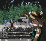  4girls alternate_costume bokuden cirno contemporary crossover dappled_sunlight furude_rika hanyuu hat higurashi_no_naku_koro_ni hitodama konpaku_youmu konpaku_youmu_(ghost) multiple_girls shade shrine stone_lantern straw_hat sunlight torii touhou tree tree_shade 