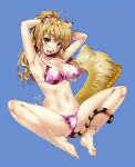  1girl absurdres adjusting_hair animal_ears anklet armpits arms_up barefoot bikini blonde_hair breasts cat_ears cat_tail fangs feet highres innertube jewelry kure_masahiro original simple_background slit_pupils solo swimsuit tail tiger_ears tiger_tail toes yellow_eyes 