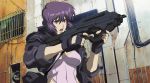  1girl absurdres assault_rifle bangs breasts building bullpup cable cleavage crop_top electric_fan fan fighting_stance fingerless_gloves ghost_in_the_shell ghost_in_the_shell_stand_alone_complex gloves gun hair_between_eyes highleg highleg_leotard highres holding jacket kusanagi_motoko leather leather_jacket leotard looking_away midriff navel open_clothes open_jacket open_mouth outdoors pipes purple_hair red_eyes rifle short_hair sleeves_rolled_up solo strap submachine_gun upper_body weapon window 
