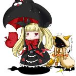  2girls :&lt; animal_ears arc_system_works blazblue blonde_hair blush_stickers braid cat_ears cat_tail chibi claws dress gii highres hood long_hair masatora009 multiple_girls nago rachel_alucard red_eyes ribbon tail taokaka twintails umbrella wings 