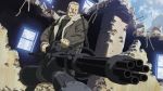  1boy absurdres batou gatling_gun ghost_in_the_shell ghost_in_the_shell_stand_alone_complex gun highres huge_weapon male_focus minigun outdoors ponytail sky solo weapon 