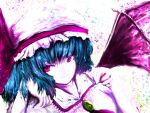 1girl arm_support bat_wings blue_hair brooch female gem hat head_tilt highres jewelry looking_at_viewer mob_cap pink_eyes rasha remilia_scarlet short_hair simple_background solo touhou upper_body white_background wings 