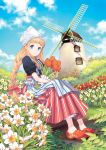  1girl apron bad_id blonde_hair blue_eyes bonnet bow braid clogs clouds daffodil double_vertical_stripe dress flower garden hair_bow hair_ribbon holland jewelry nardack necklace netherlands original ribbon sitting sky smile solo tulip twin_braids windmill wooden_shoes 