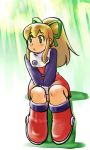  blonde_hair capcom ponytail rockman rockman_(classic) roll sitting 