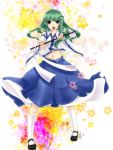 1girl bad_id detached_sleeves female footwear frog geike gohei green_hair kneehighs kochiya_sanae long_skirt mary_janes midriff navel oonusa shoes short_hair skirt socks solo touhou