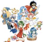  3boys 5girls akai_tori arle_nadja armor bangs bathing black_hair blue_hair blush bucket carbuncle_(puyopuyo) compile draco_centauros gem green_hair harpy_(puyopuyo) headpiece holding holding_sword holding_weapon horns lagnus_the_brave looking_at_viewer madou_monogatari multiple_boys multiple_girls panotty parted_bangs partially_submerged puyo_(puyopuyo) puyopuyo rulue rulue_(puyopuyo) schezo_wegey seriri seriri_(puyopuyo) short_hair silver_hair simple_background spiky_hair sword water weapon white_background wings witch_(puyopuyo) 