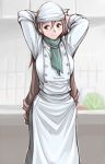  00s 1girl apron arms_behind_head arms_up ascot bandanna blush breasts brown_eyes brown_hair cabbage casuak casual chef kitchen large_breasts long_hair older rozen_maiden scarf sleeves_rolled_up smile solo suiseiseki tsuda_nanafushi very_long_hair 