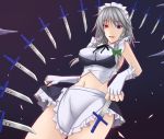  1girl apron blue_eyes braid breasts female fingerless_gloves gloves heterochromia izayoi_sakuya knife maid_headdress midriff navel red_eyes short_hair shuugetsu_karasu silver_hair solo the_embodiment_of_scarlet_devil touhou twin_braids 