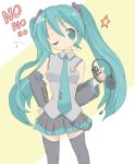  1girl aqua_hair bad_id core_(mayomayo) hand_on_hip hatsune_miku headphones hips one_eye_closed solo thigh-highs twintails vocaloid wink zettai_ryouiki 