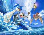  90s blue lapras laughing md5_mismatch meowth no_humans ocean pidgeotto pikachu pokemon pokemon_(anime) pokemon_(game) pokemon_rgby satou_mami waving 