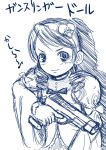  1girl blue gun gunslinger_girl handgun kanaria monochrome oekaki parody pistol rozen_maiden sketch solo translated translation_request weapon 