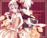  2girls alternate_costume apron ascot back-to-back bad_id bare_shoulders bat_wings bow brooch character_name copyright_name cup dress drinking_glass female flower hat hat_bow izayoi_sakuya jewelry knife lavender_hair maid maid_apron mob_cap multiple_girls nozomi_fuuten pink_eyes puffy_short_sleeves puffy_sleeves remilia_scarlet short_hair short_sleeves sitting skirt skirt_set touhou waist_apron white_dress wine_glass wings wrist_cuffs 