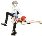  1boy 1girl absurdres ayanami_rei blue_hair breasts food fruit highres legs lemon miniskirt nagisa_kaworu neon_genesis_evangelion official_art pale_skin red_eyes sandals scan short_hair sideboob silver_hair skirt 