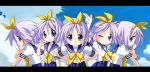  highres hiiragi_tsukasa lucky_star pointing purple_hair ribbon rindou_(awoshakushi) school_uniform short_hair wink 