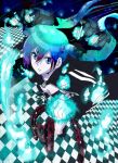  1girl aqua_eyes bikini_top black_hair black_rock_shooter black_rock_shooter_(character) black_rock_shooter_(cosplay) blue_eyes boots chains cosplay female hatsune_miku long_hair mezard midriff pale_skin solo twintails vocaloid 