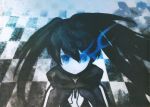  1girl absurdres black_hair black_rock_shooter black_rock_shooter_(character) blue_eyes chains checkered female glowing glowing_eye glowing_eyes highres hood huge_filesize huke jacket long_hair pale_skin solo swimsuit twintails uneven_twintails very_long_hair 