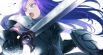  1girl armor female green_eyes knight long_hair medieval purple_hair ryou_(kimagure) shield solo sword weapon 