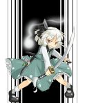  1girl bad_id female flower hitodama konpaku_youmu konpaku_youmu_(ghost) mary_janes noko351 ribbon shoes short_hair silver_hair solo sword touhou weapon 