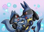  00s 1boy age_difference bad_id blush father_and_son gen_(pokemon) lucario mother_and_child pokemon pokemon_(creature) red_eyes riolu smile wauwa 