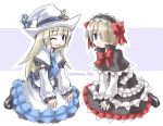  alice_(luminous_arc) blonde_hair detached_sleeves dress frills hat kneeling kugelschreiber long_hair luminous_arc ribbon short_hair therese wink witch witch_hat 