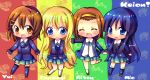  4girls akiyama_mio bad_id blonde_hair blue_eyes blue_hair brown_eyes brown_hair chibi chocolat_(momoiro_piano) closed_eyes hairband hinahina hirasawa_yui k-on! kotobuki_tsumugi long_hair multiple_girls pantyhose school_uniform short_hair tainaka_ritsu thigh-highs 