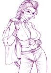  1girl between_breasts braid breasts capcom cleavage crimson_viper gloves huge_breasts jacket jacket_over_shoulder long_hair midriff monochrome navel necktie open_clothes open_shirt pompadour purple shirt solo st.germain-sal street_fighter street_fighter_iv street_fighter_iv_(series) sunglasses very_long_hair 