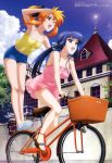  2girls :d ;d absurdres arm_support armpits asura_cryin&#039; bangs bare_legs bicycle black_ribbon blue_eyes blue_hair blue_sky blunt_bangs bow breasts brown_eyes building camisole casual clouds denim denim_shorts dress full_body ground_vehicle hair_ribbon highres komori_atsushi long_hair medium_breasts megami minakami_misao multiple_girls no_bra no_socks official_art one_eye_closed open_mouth orange_hair outdoors pink_dress ponytail ribbon riding sandals shading_eyes shoe_bow shoes short_dress short_hair short_shorts shorts sidelocks sky small_breasts smile spaghetti_strap standing takatsuki_kanade tree wall watermark window wink 