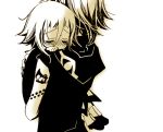  1boy 1girl androgynous back carrying child closed_eyes crona_(soul_eater) hair_between_eyes hand_on_another&#039;s_back hand_on_shoulder hood lowres medusa_gorgon monochrome mother_and_child sakurazawa_izumi sepia shoes short_hair sleeveless soul_eater tattoo tears younger 
