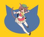  1girl adapted_costume alternate_costume animal_ears bad_id brown_hair cat_ears cat_tail chen earrings fang female foreshortening hat ica jewelry midriff open_mouth outstretched_arms red_eyes short_hair simple_background smile solo spread_arms tail touhou wristband 