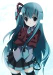  1girl :o alternate_hairstyle aqua_eyes aqua_hair blue_eyes blue_hair female gradient gradient_background hair_ornament hair_ribbon hatsune_miku kirino_kasumu long_hair miniskirt necktie pleated_skirt ponytail ribbon side_ponytail skirt snow solo standing thigh-highs very_long_hair vocaloid 