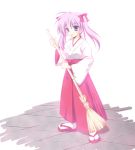  blue_eyes broom hakama hiiragi_kagami japanese_clothes kadokawa_shoten lucky_star miko purple_hair sandals tongue twintails 