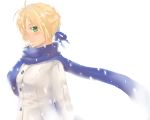  1girl blonde_hair blush coat fate/stay_night fate_(series) green_eyes kurot ribbon saber scarf snow solo winter_clothes winter_coat 