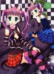  2girls absurdres animal_ears blue_eyes candy cat_ears character_request highres lollipop multiple_girls naruse_mamoru purple_hair scrunchie siblings sisters source_request striped striped_legwear swirl_lollipop thigh-highs twintails 