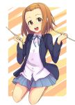  1girl blazer brown_eyes brown_hair drumsticks female full_body hair_ornament hairband headband jumping k-on! laughing miniskirt omatti pleated_skirt ribbon school_uniform short_hair skirt smile solo tainaka_ritsu tomboy 