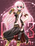  1girl bangle belt black_legwear blue_eyes blue_nails bracelet hand_on_hip headset hips jewelry long_hair long_skirt megurine_luka midriff nail_polish pink_hair side_slit skirt solo suzui_narumi thigh-highs vocaloid 