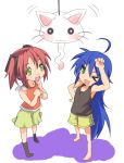  &gt;_&lt; 2girls ahoge barefoot blue_hair casual cat closed_eyes footwear green_eyes izumi_konata kobayakawa_yutaka long_hair lucky_star multiple_girls nyamou one_eye_closed redhead short_hair socks wink yoshimizu_kagami_(cat) 